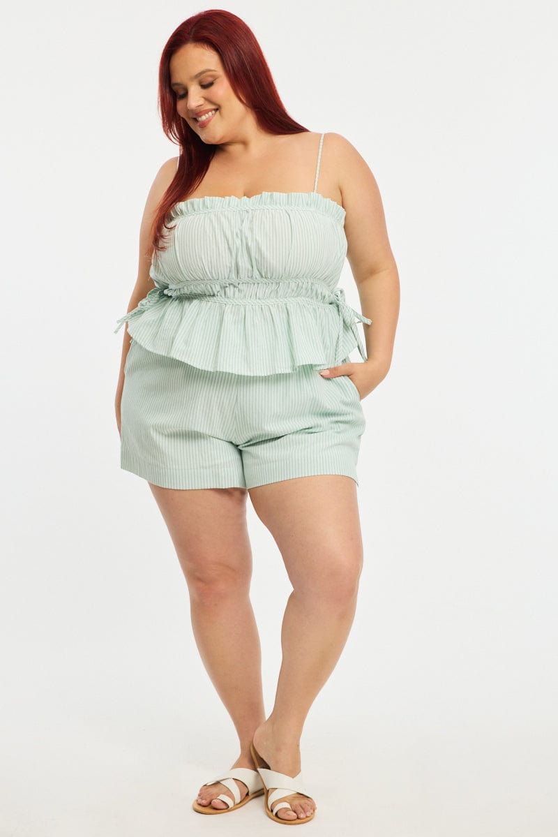 Green Stripe Shorts Elastic Waist for YouandAll Fashion