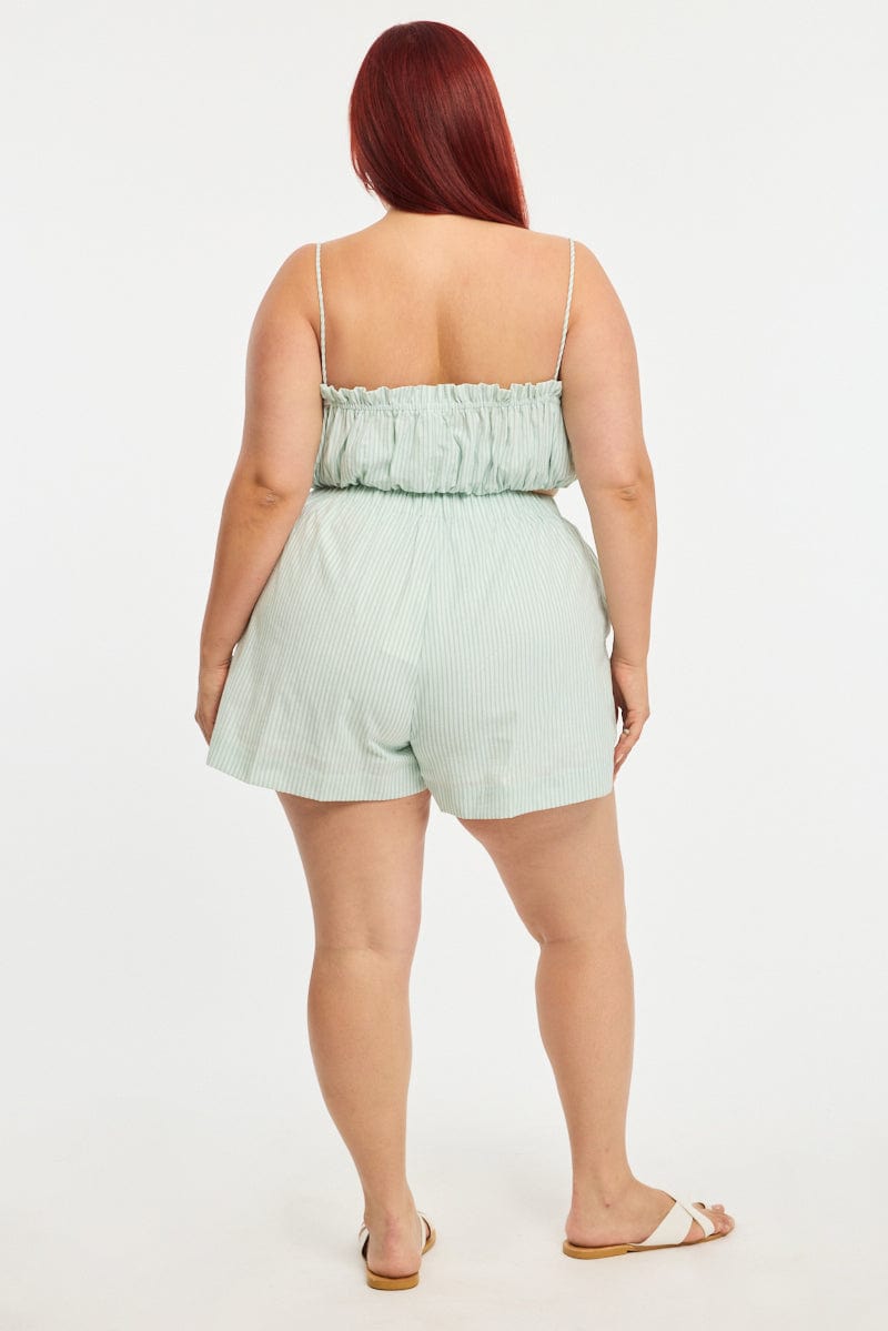 Green Stripe Shorts Elastic Waist for YouandAll Fashion