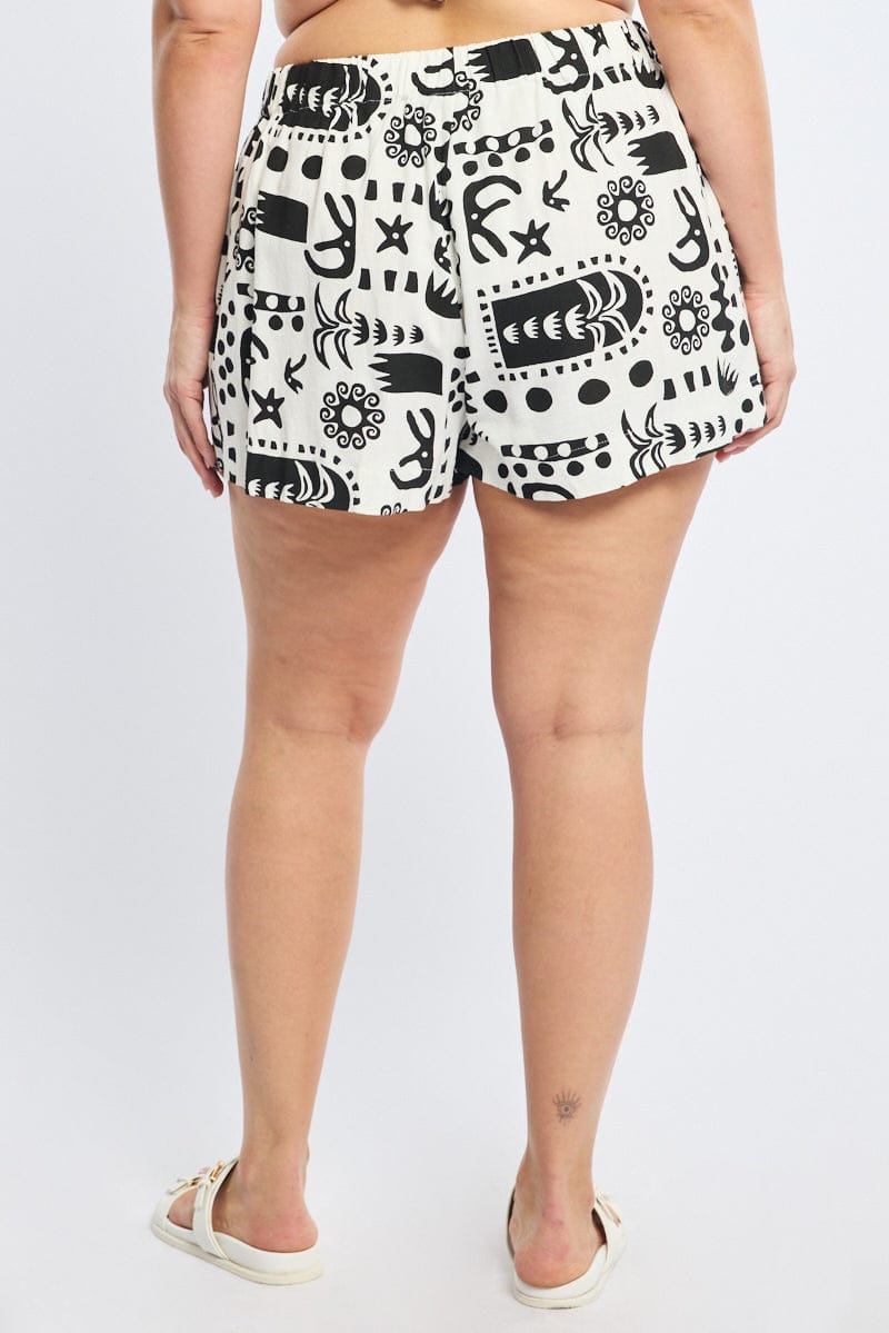 White Abstract Relaxed Shorts Linen Blend for YouandAll Fashion