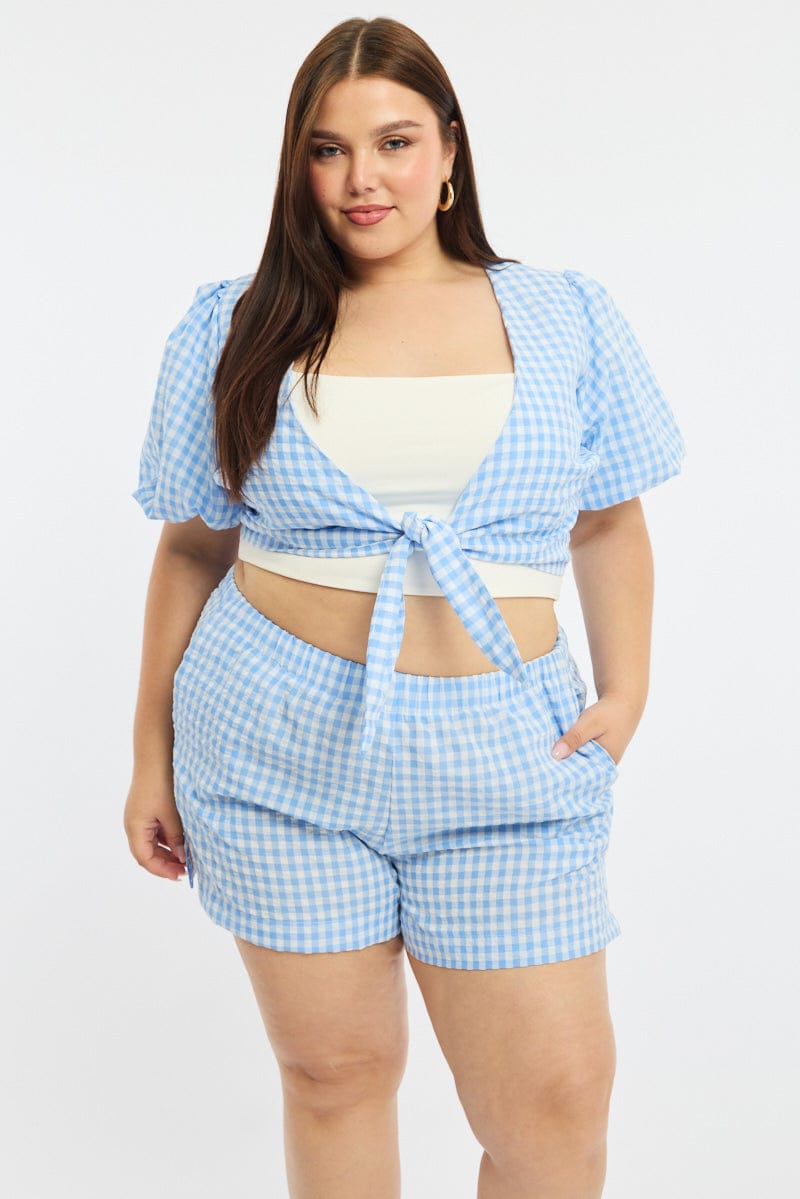 Blue Check Elastic Waist Shorts for YouandAll Fashion