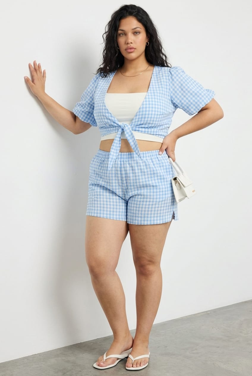 Blue Check Elastic Waist Shorts for YouandAll Fashion
