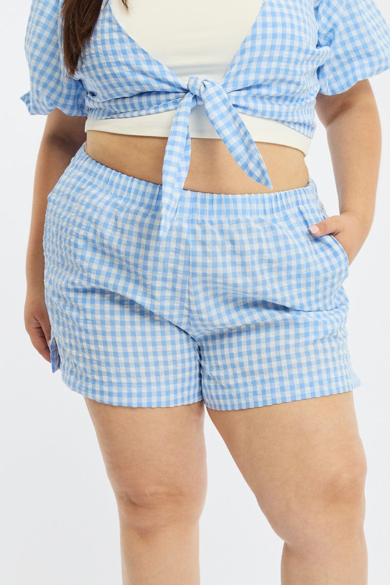 Blue Check Elastic Waist Shorts for YouandAll Fashion