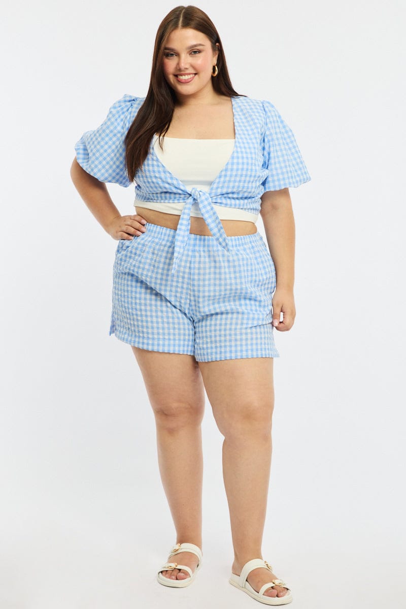Blue Check Elastic Waist Shorts for YouandAll Fashion