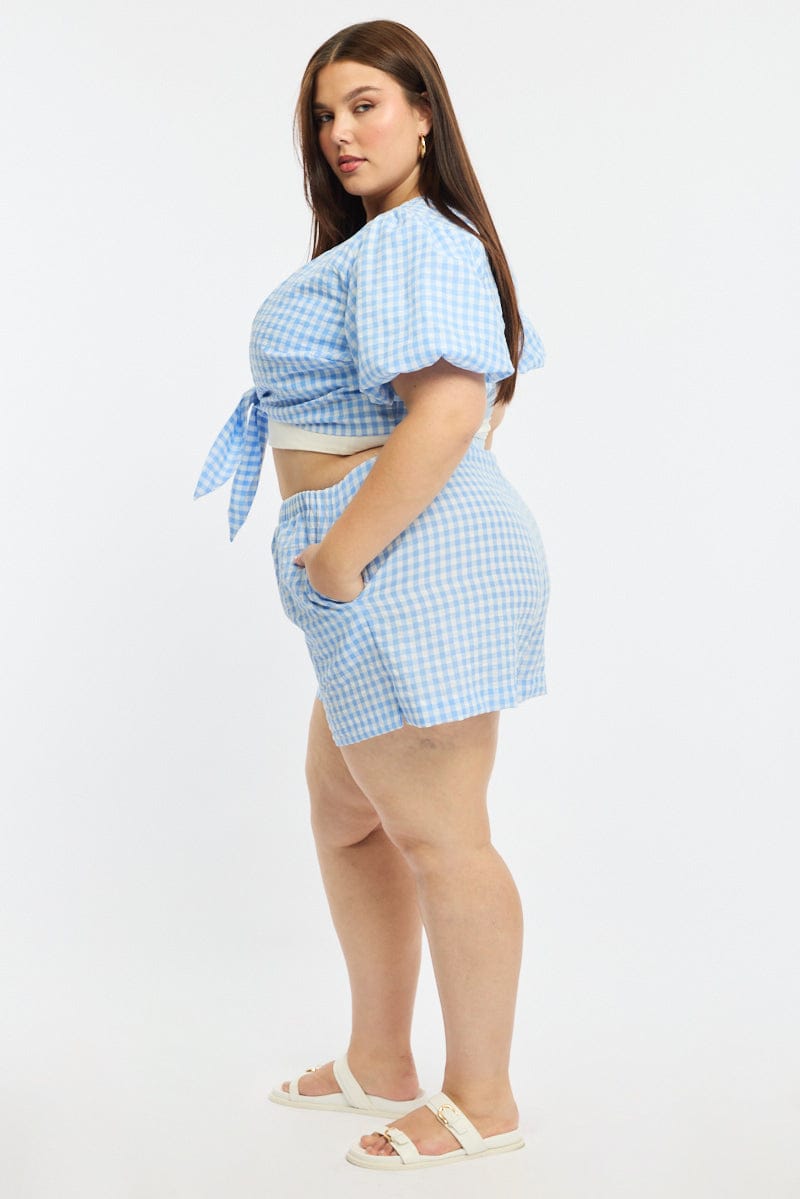 Blue Check Elastic Waist Shorts for YouandAll Fashion