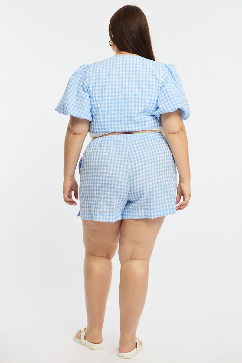 Blue Check Elastic Waist Shorts for YouandAll Fashion