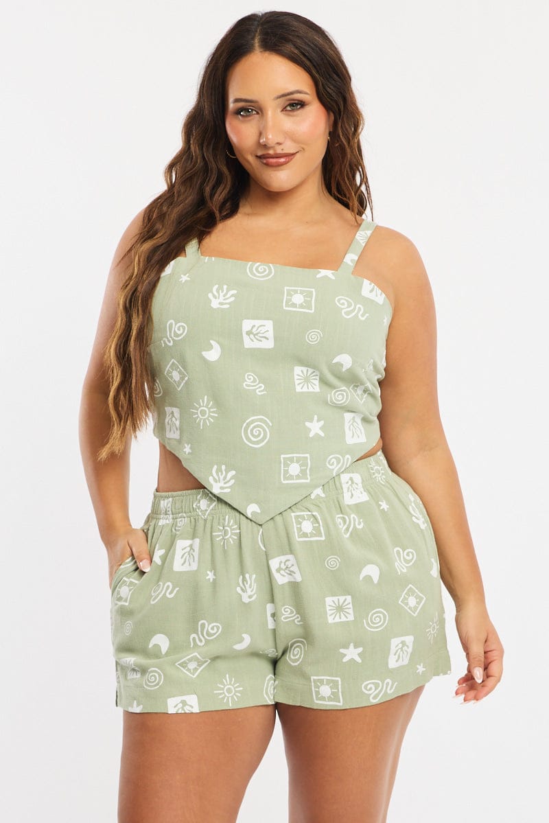 Green Abstract Elastic Waist Shorts for YouandAll Fashion