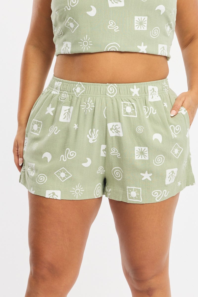 Green Abstract Elastic Waist Shorts for YouandAll Fashion