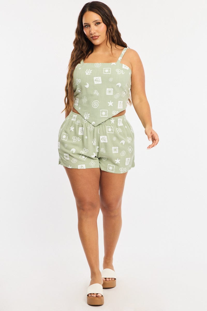 Green Abstract Elastic Waist Shorts for YouandAll Fashion