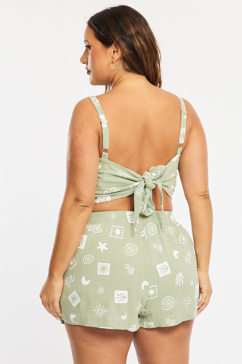 Green Abstract Elastic Waist Shorts for YouandAll Fashion