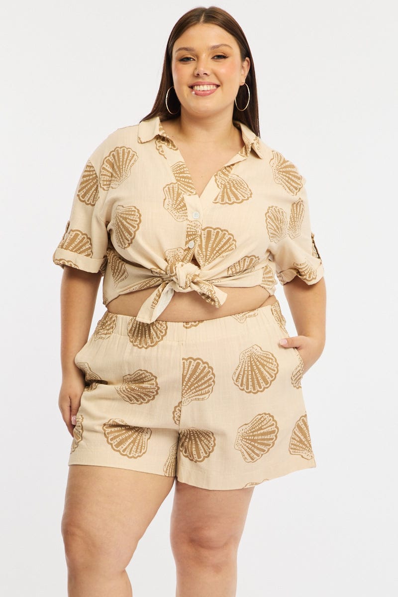 Beige Abstract Shorts Elastic Waist for YouandAll Fashion