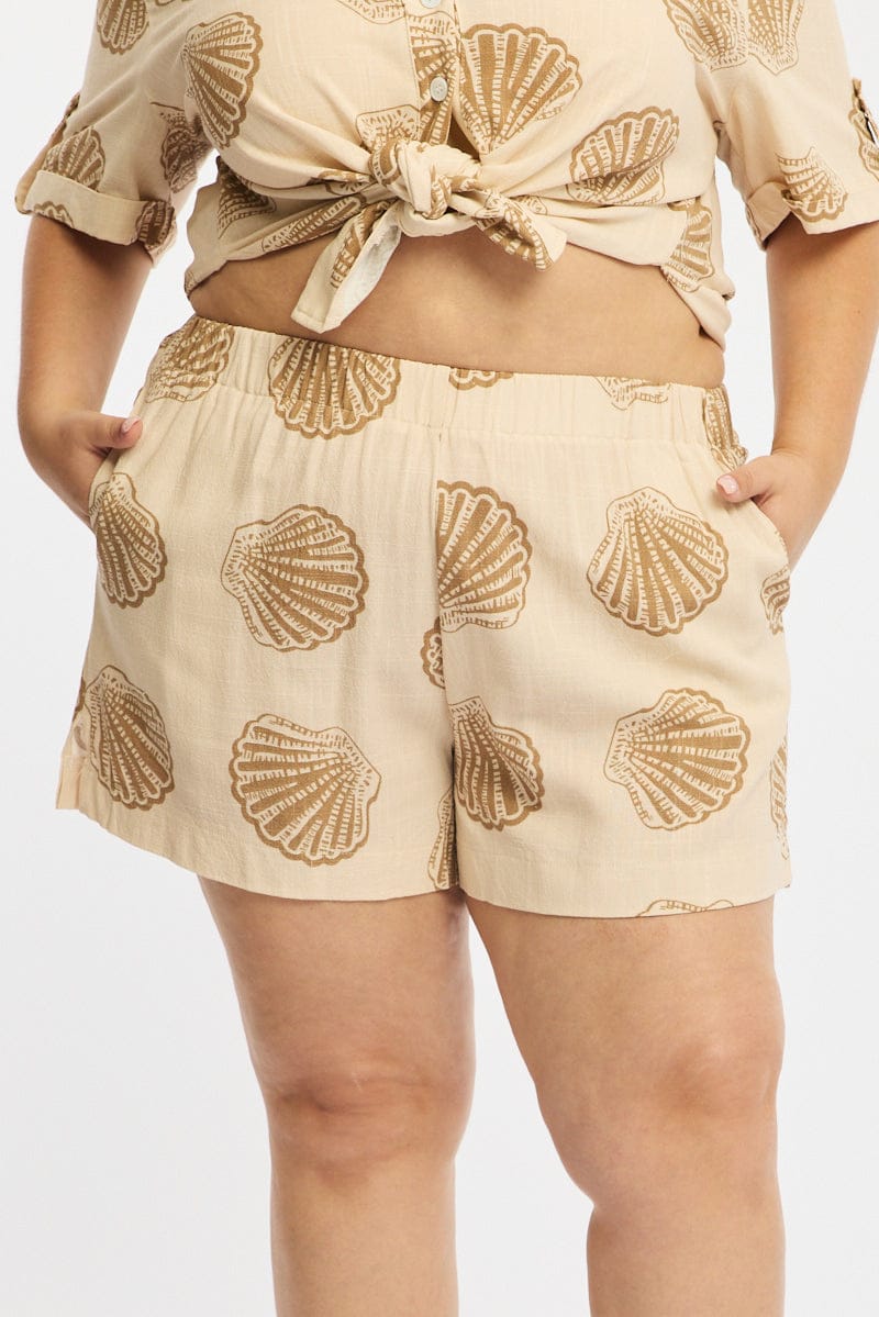 Beige Abstract Shorts Elastic Waist for YouandAll Fashion