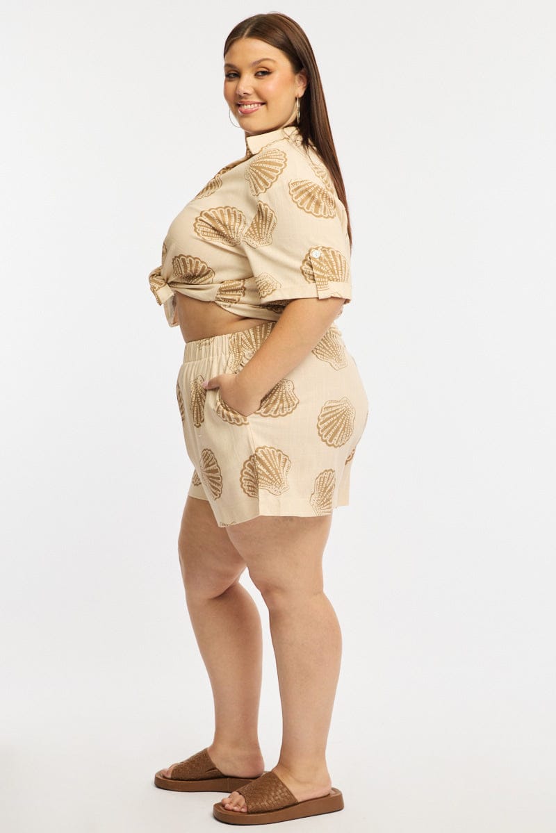 Beige Abstract Shorts Elastic Waist for YouandAll Fashion