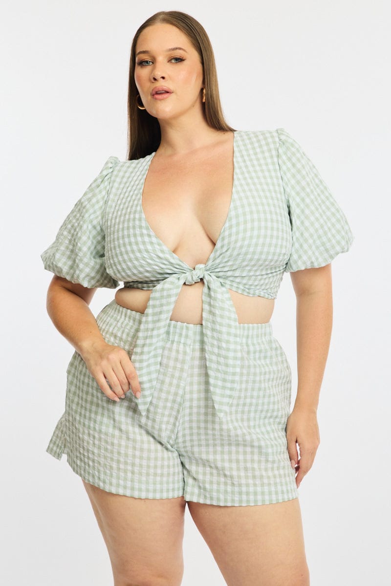 Green Check Elastic Waist Shorts for YouandAll Fashion