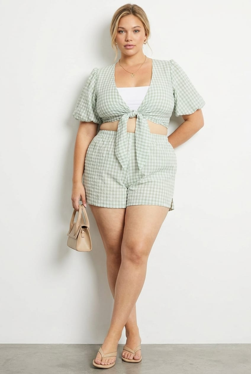 Green Check Elastic Waist Shorts for YouandAll Fashion