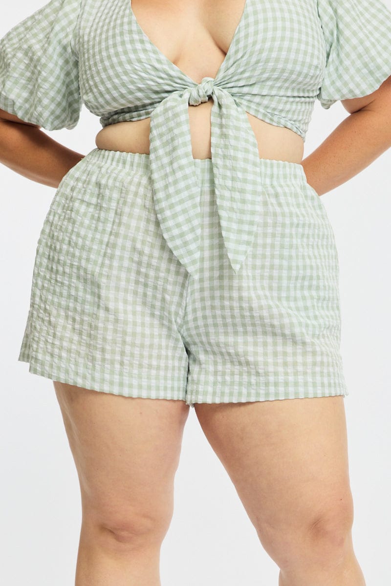Green Check Elastic Waist Shorts for YouandAll Fashion