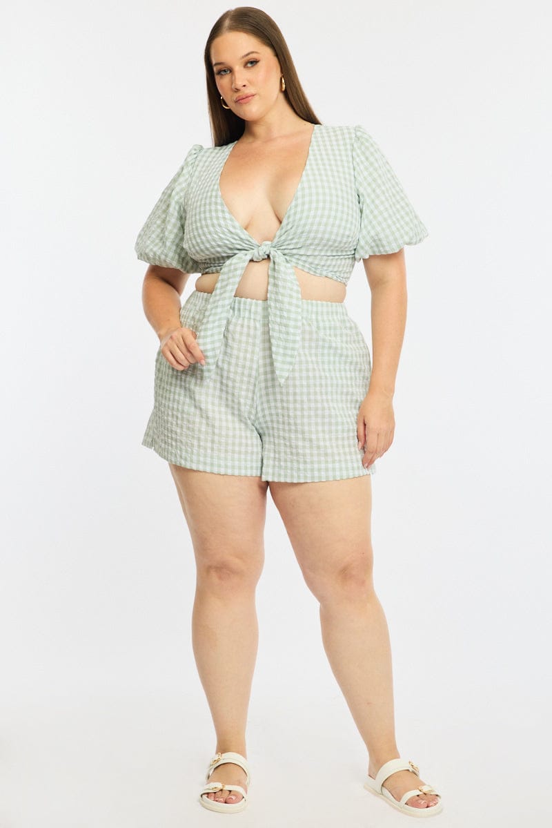 Green Check Elastic Waist Shorts for YouandAll Fashion