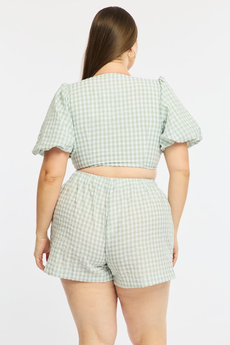 Green Check Elastic Waist Shorts for YouandAll Fashion