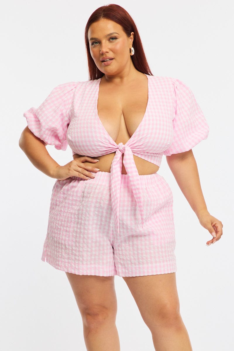 Pink Check Elastic Waist Shorts for YouandAll Fashion