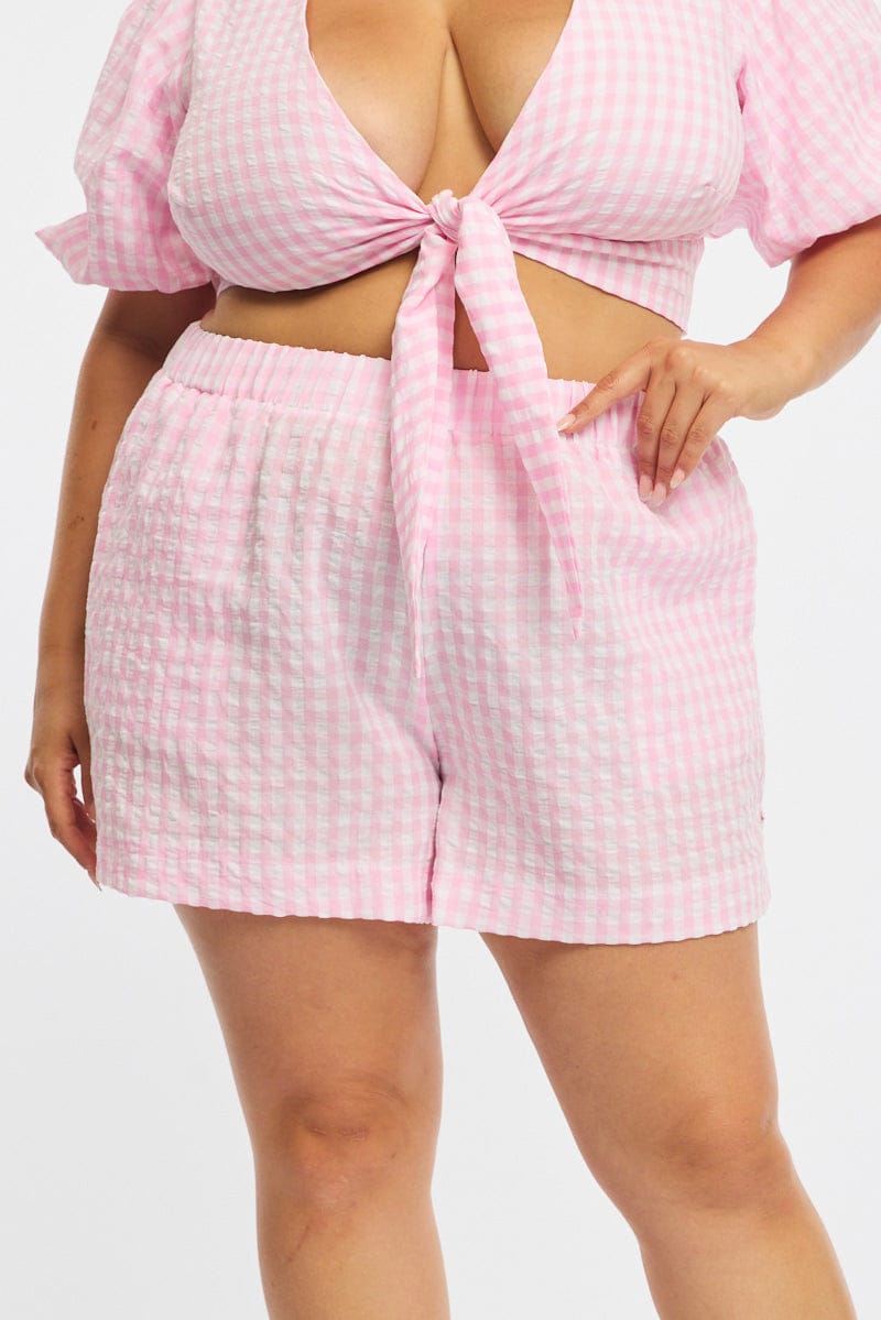 Pink Check Elastic Waist Shorts for YouandAll Fashion