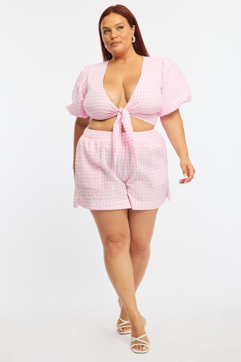 Pink Check Elastic Waist Shorts for YouandAll Fashion