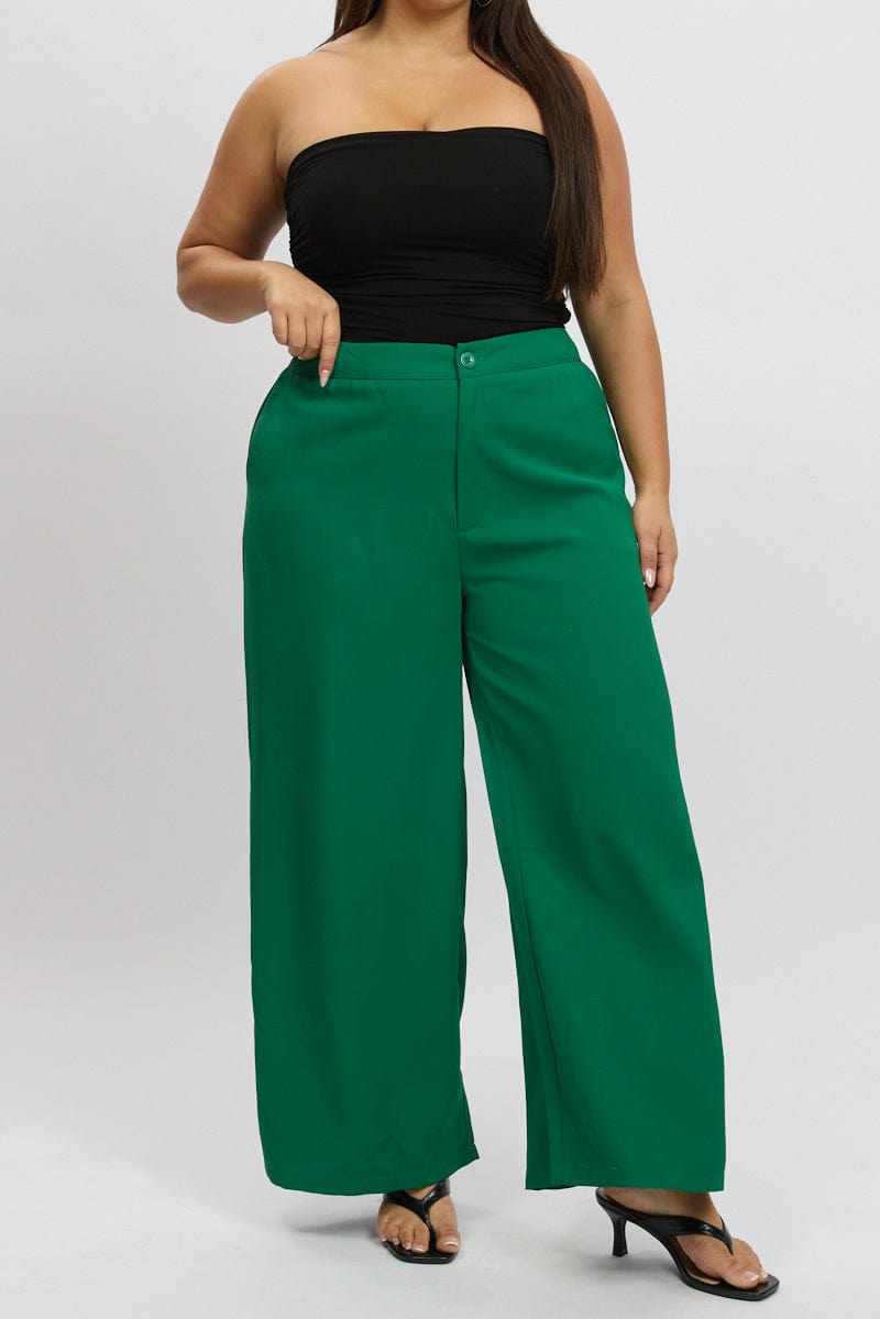 Green Tailored Wide Leg Pant Elastic Back Waistband for YouandAll Fashion