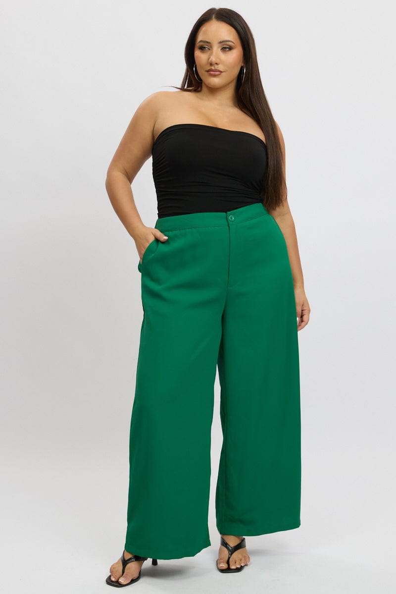 Green Tailored Wide Leg Pant Elastic Back Waistband for YouandAll Fashion