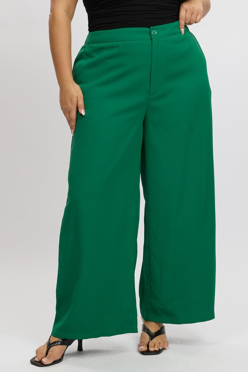 Green Tailored Wide Leg Pant Elastic Back Waistband for YouandAll Fashion