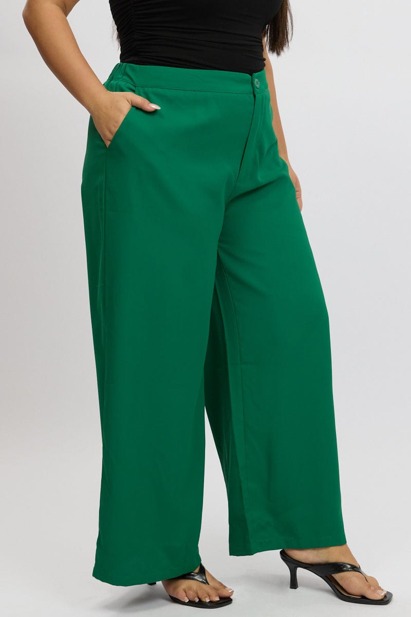 Green Tailored Wide Leg Pant Elastic Back Waistband for YouandAll Fashion