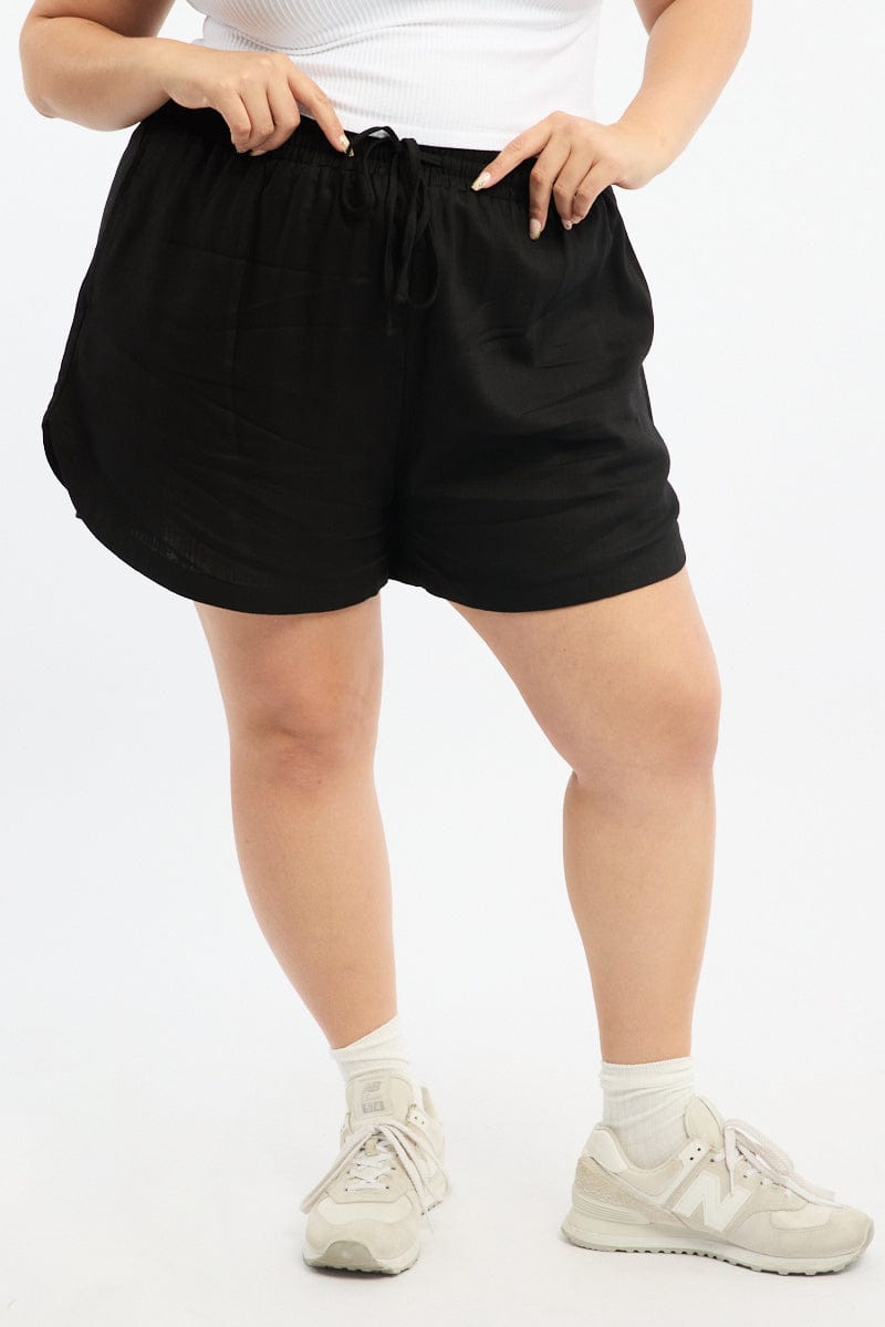 Black Curve Hem Linen Blend Shorts for YouandAll Fashion