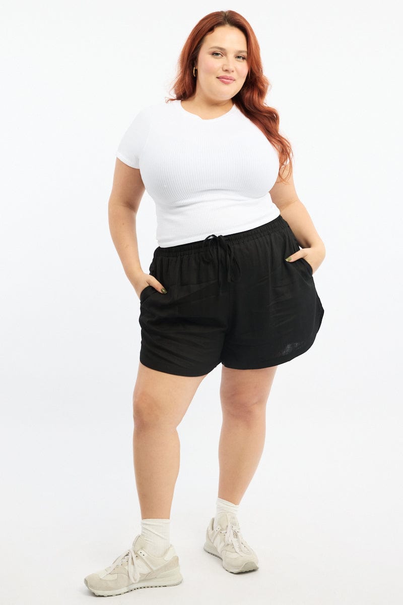 Black Curve Hem Linen Blend Shorts for YouandAll Fashion