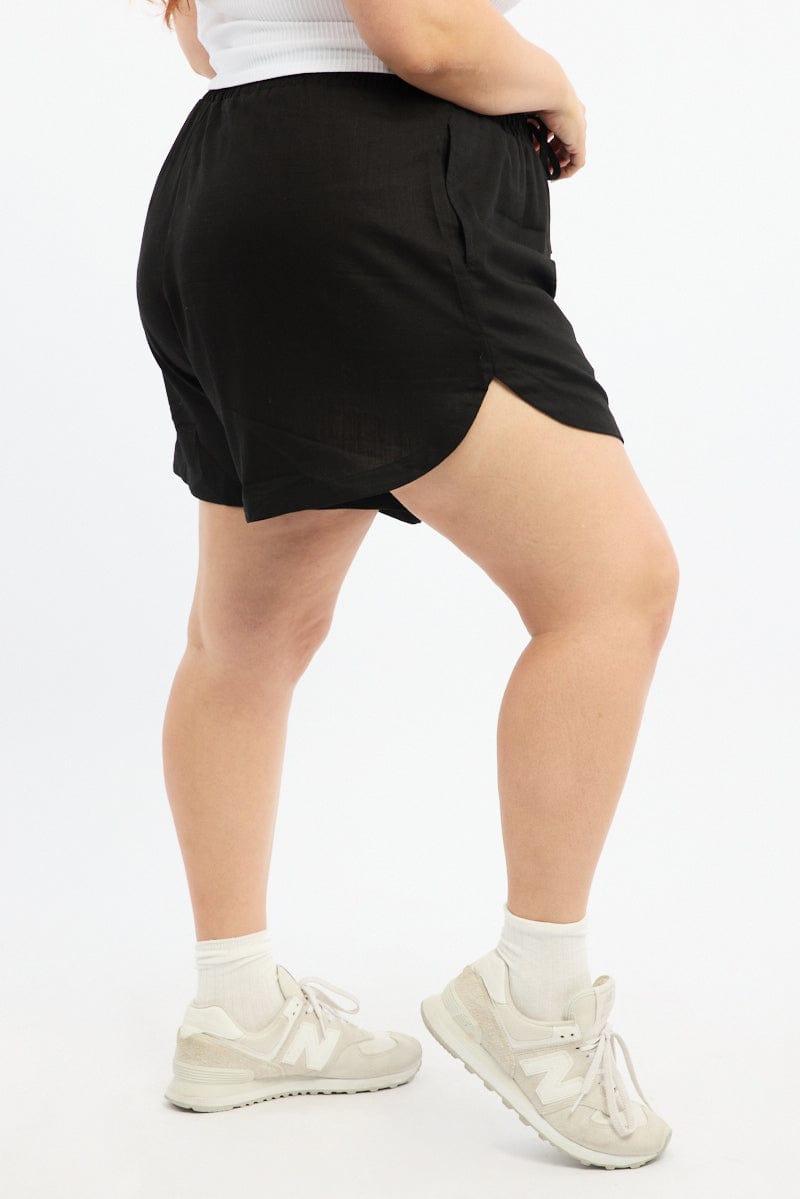 Black Curve Hem Linen Blend Shorts for YouandAll Fashion
