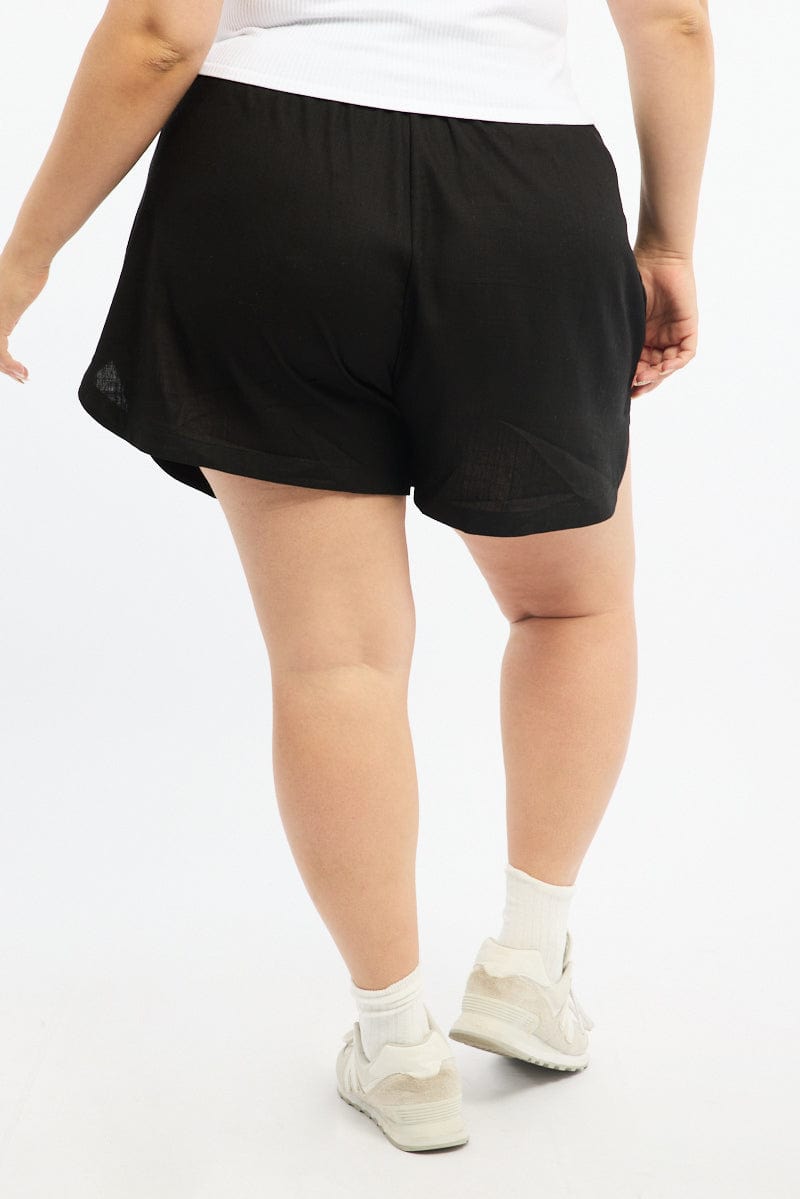Black Curve Hem Linen Blend Shorts for YouandAll Fashion