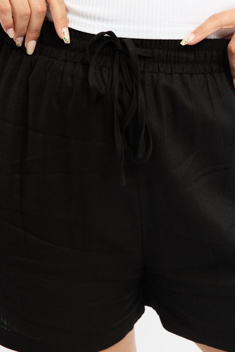 Black Curve Hem Linen Blend Shorts for YouandAll Fashion