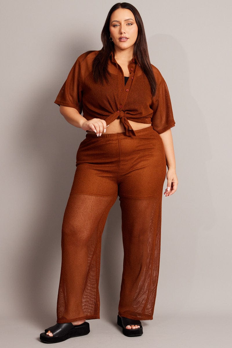 Brown Wide Leg Pants High Rise for YouandAll Fashion