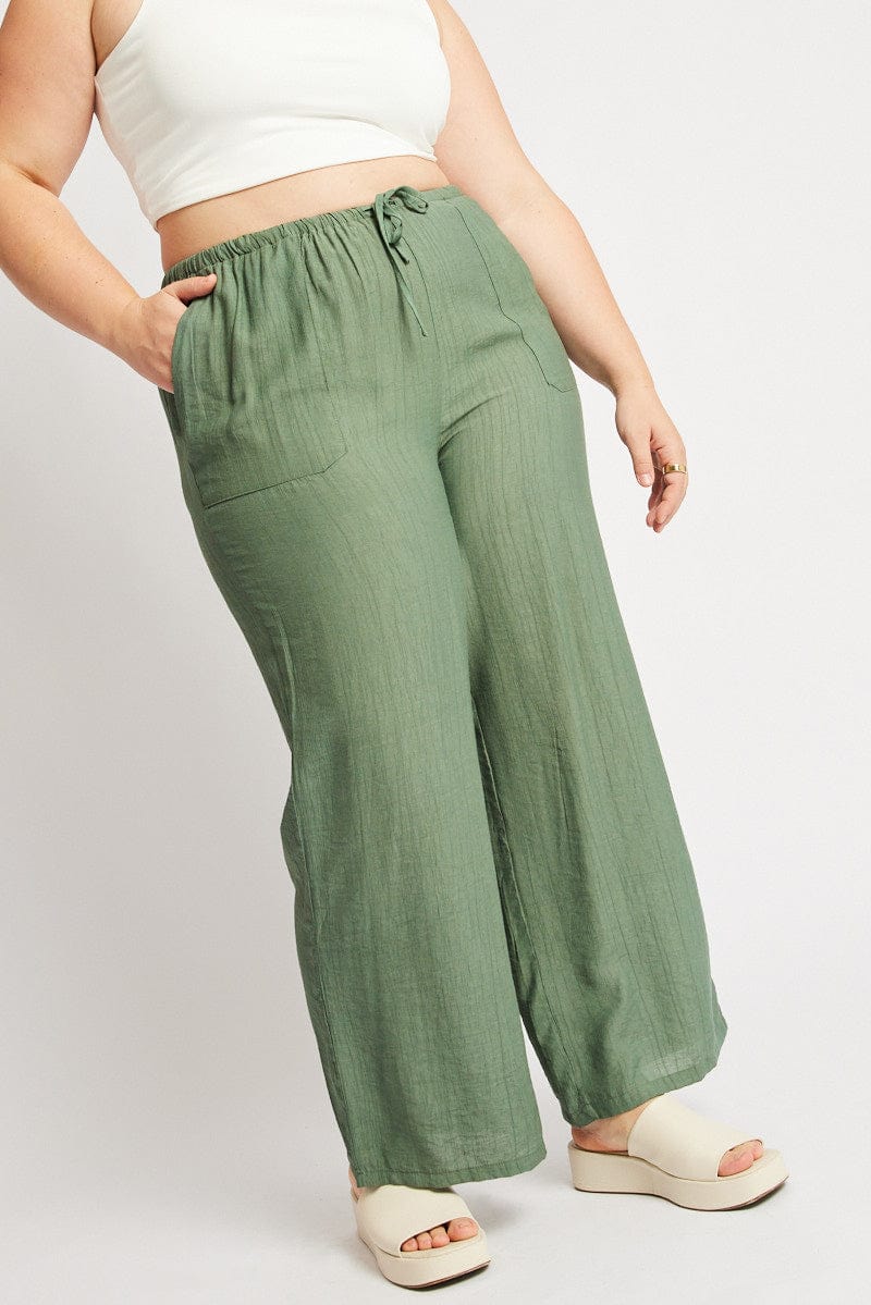 Green Drawstring Waist Wide Leg Textured Pants for YouandAll Fashion