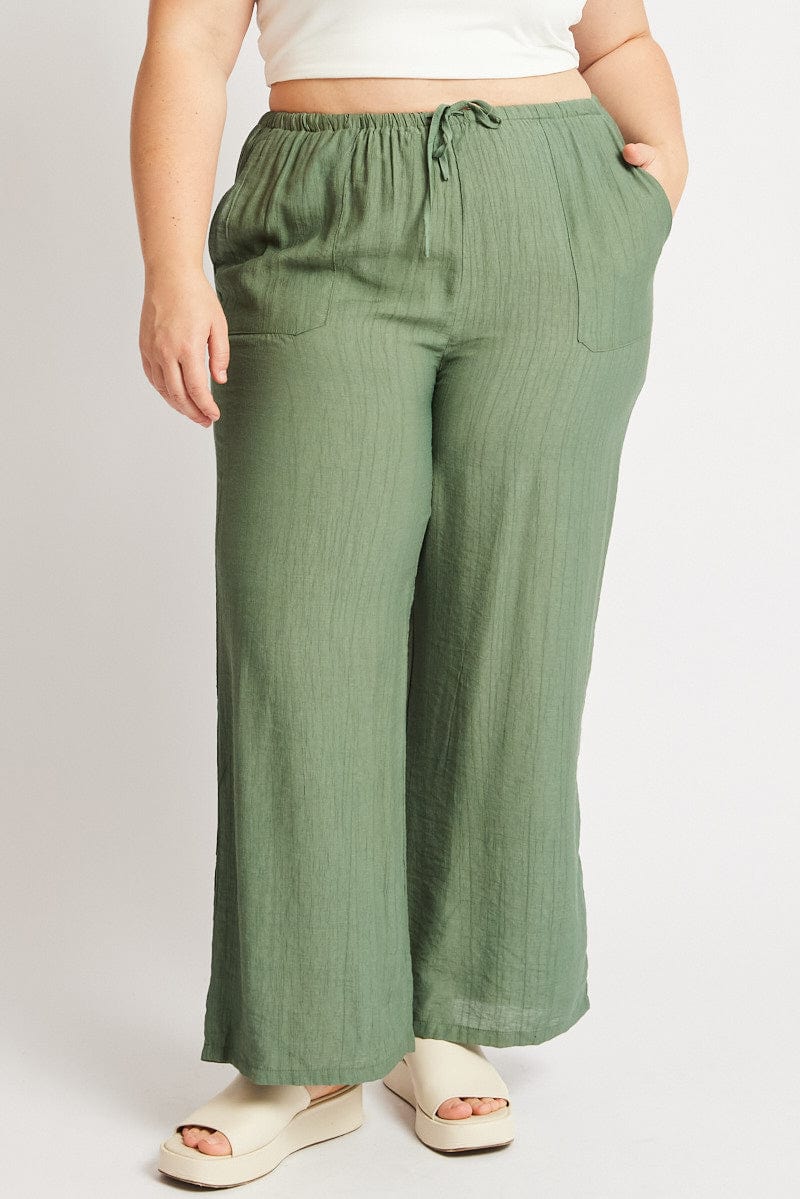 Green Drawstring Waist Wide Leg Textured Pants for YouandAll Fashion