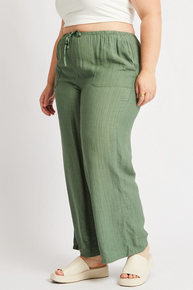 Green Drawstring Waist Wide Leg Textured Pants for YouandAll Fashion