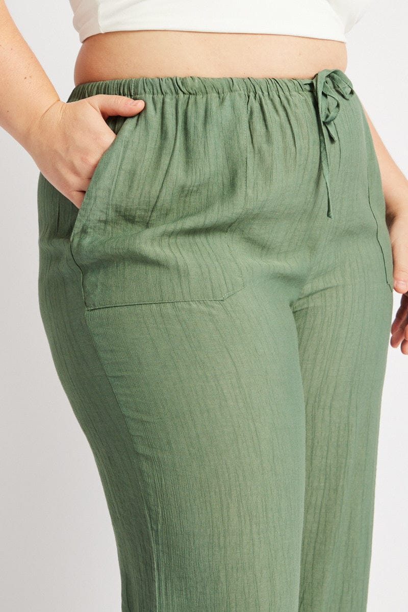 Green Drawstring Waist Wide Leg Textured Pants for YouandAll Fashion