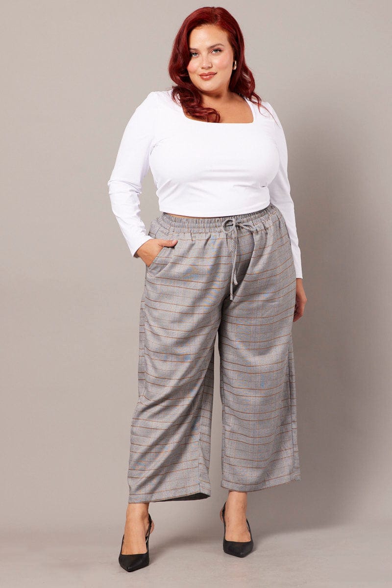 Grey Check Tapered Pants Elasticated Waist Cropped for YouandAll Fashion