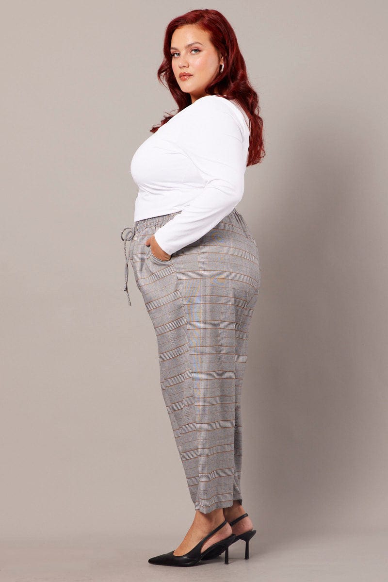 Grey Check Tapered Pants Elasticated Waist Cropped for YouandAll Fashion