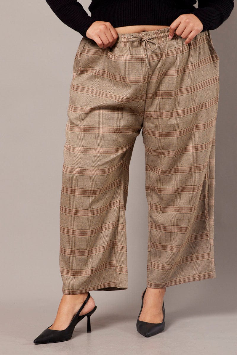 Beige Check Tapered Pants Elasticated Waist Cropped for YouandAll Fashion