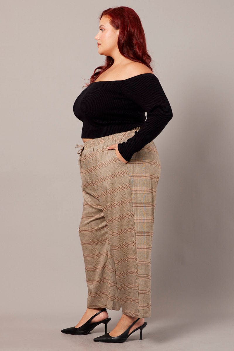 Beige Check Tapered Pants Elasticated Waist Cropped for YouandAll Fashion