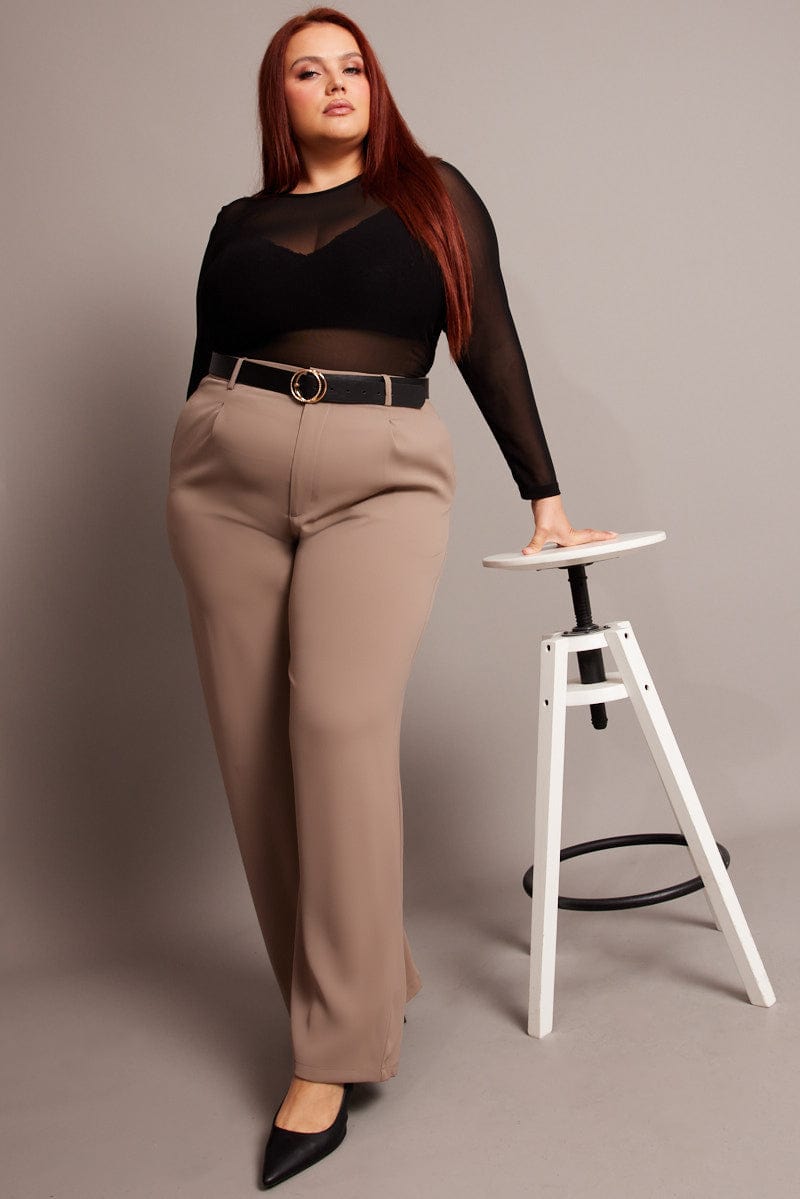 Beige Wide Leg Pants High Rise for YouandAll Fashion