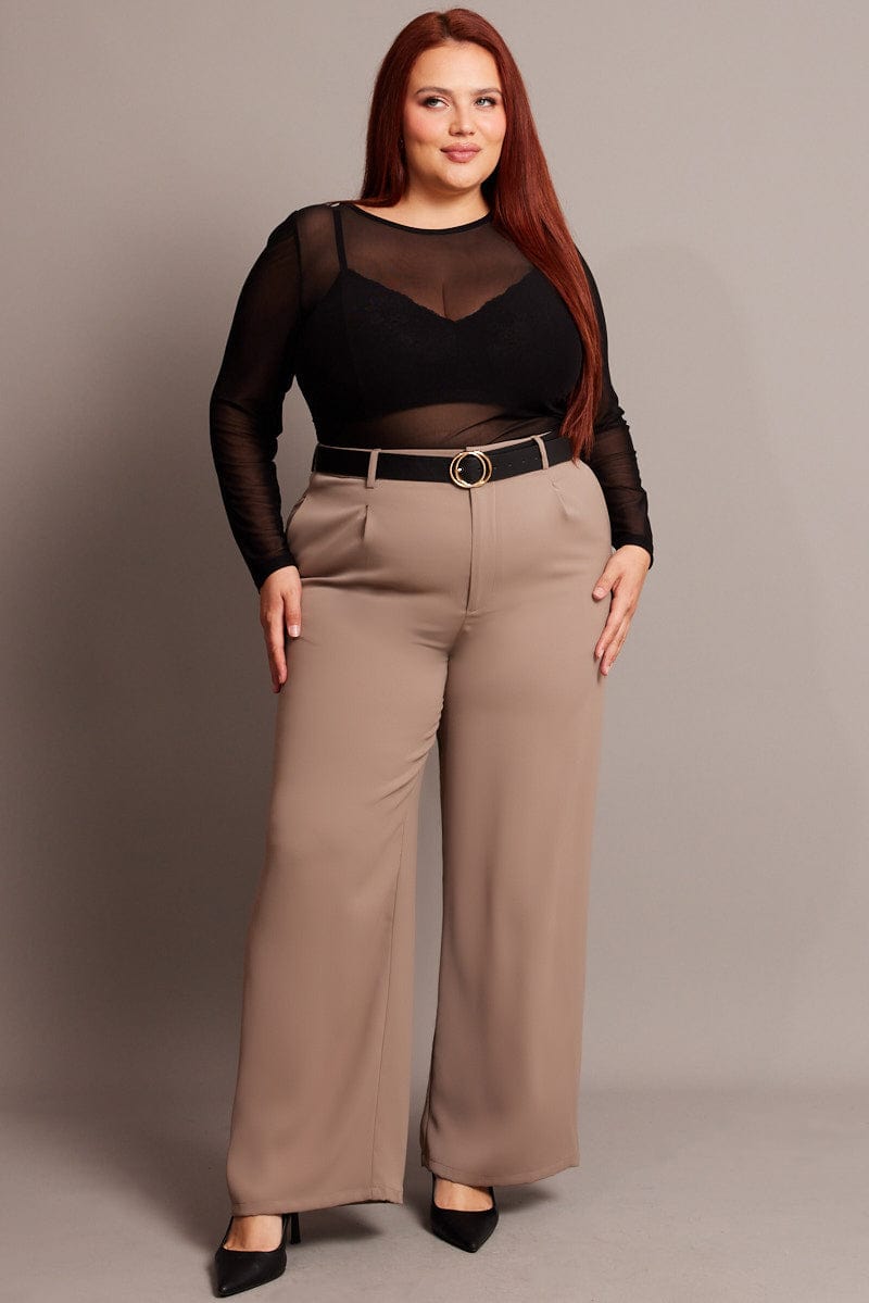 Beige Wide Leg Pants High Rise for YouandAll Fashion