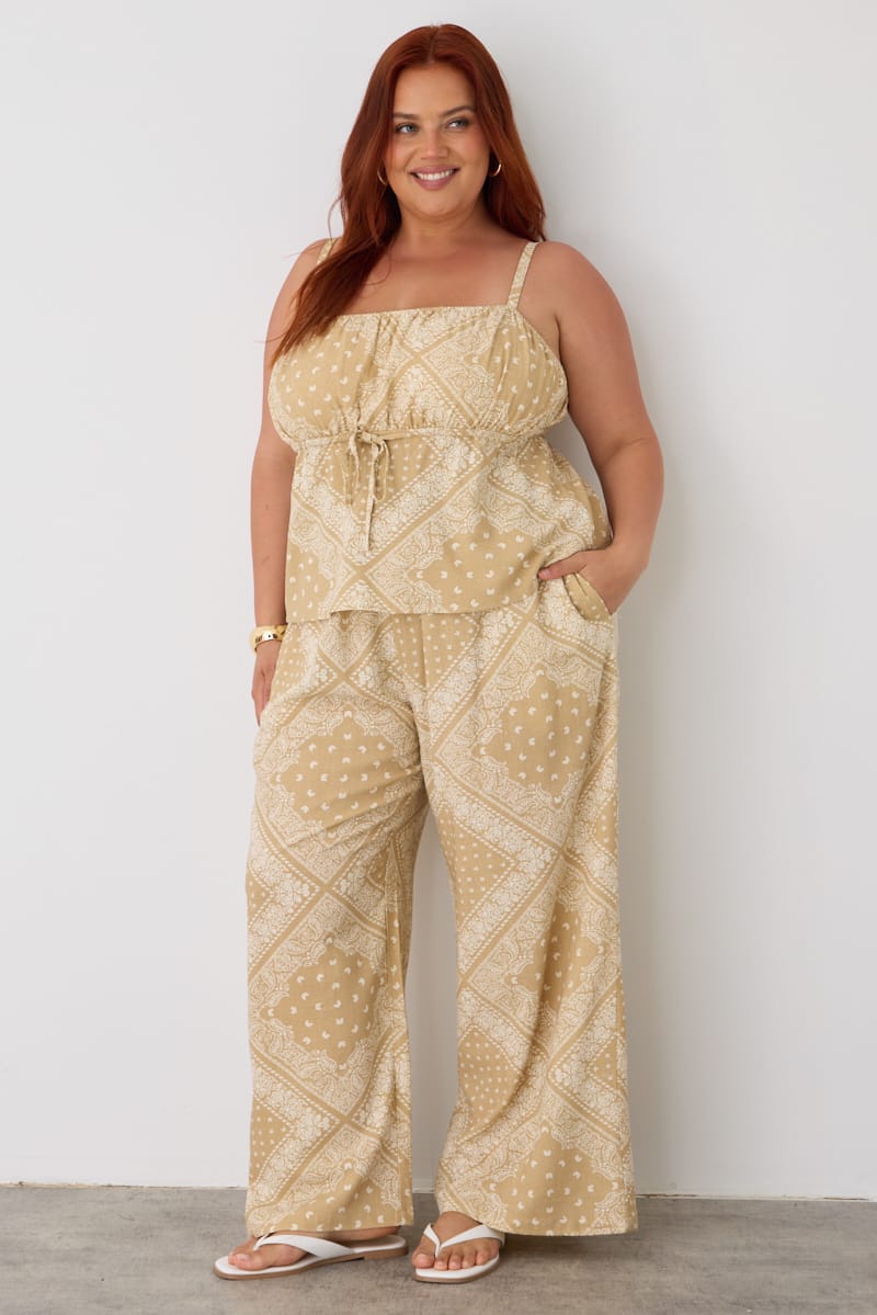 Beige Boho Linen Blend Wide Leg Pants Elasticated Waist for YouandAll Fashion