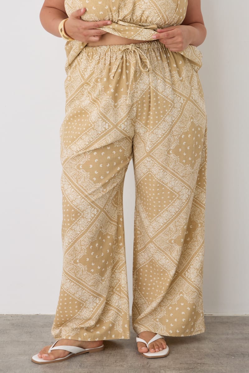 Beige Boho Linen Blend Wide Leg Pants Elasticated Waist for YouandAll Fashion