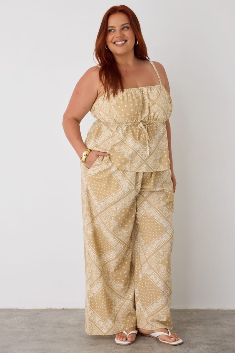 Beige Boho Linen Blend Wide Leg Pants Elasticated Waist for YouandAll Fashion