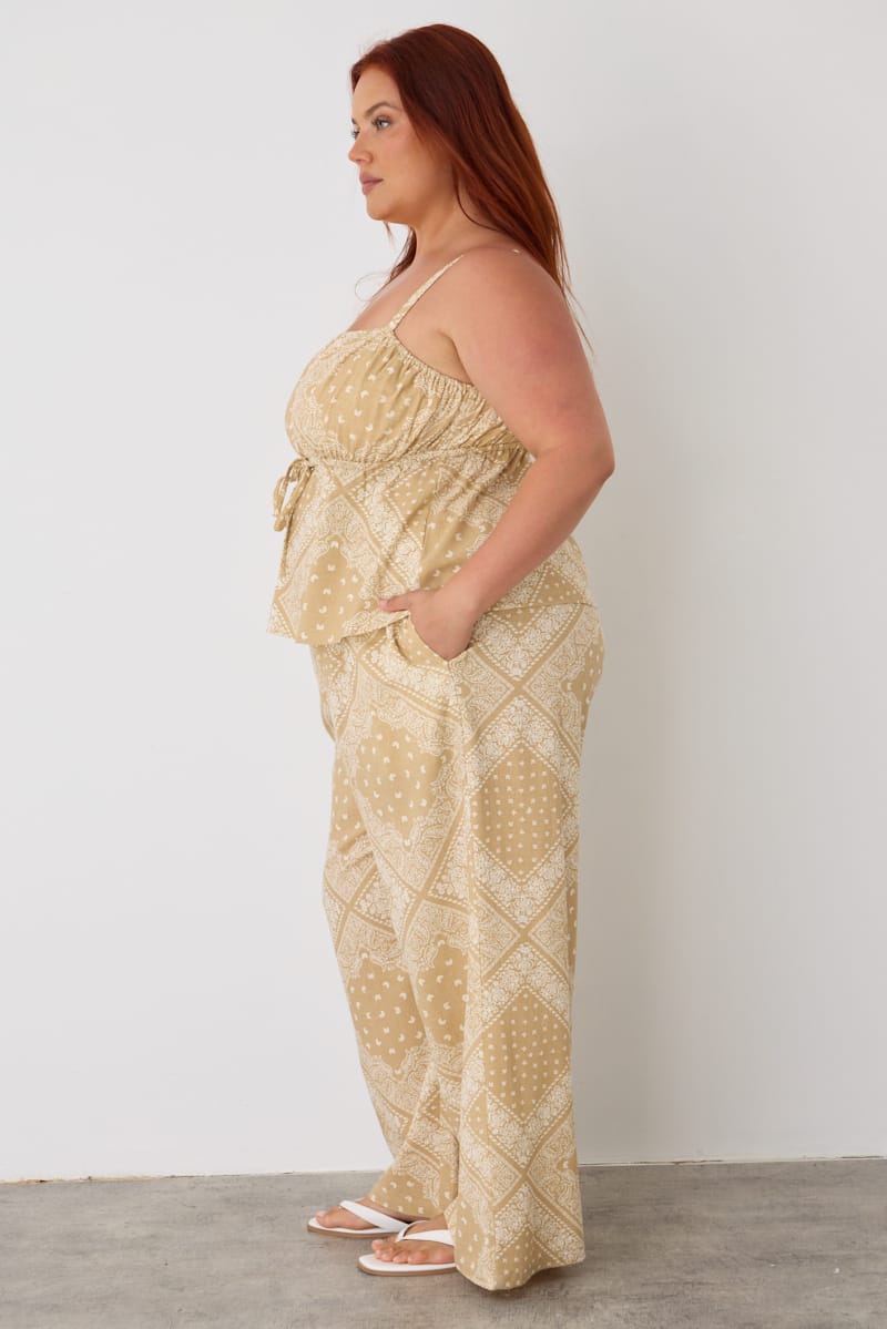 Beige Boho Linen Blend Wide Leg Pants Elasticated Waist for YouandAll Fashion