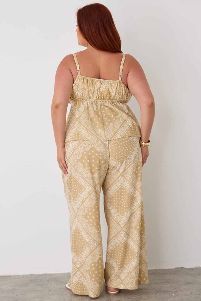 Beige Boho Linen Blend Wide Leg Pants Elasticated Waist for YouandAll Fashion