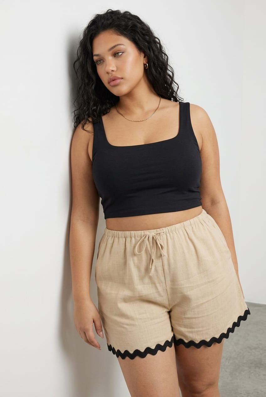 Beige Ric Rac Trim Linen Blend Shorts for YouandAll Fashion